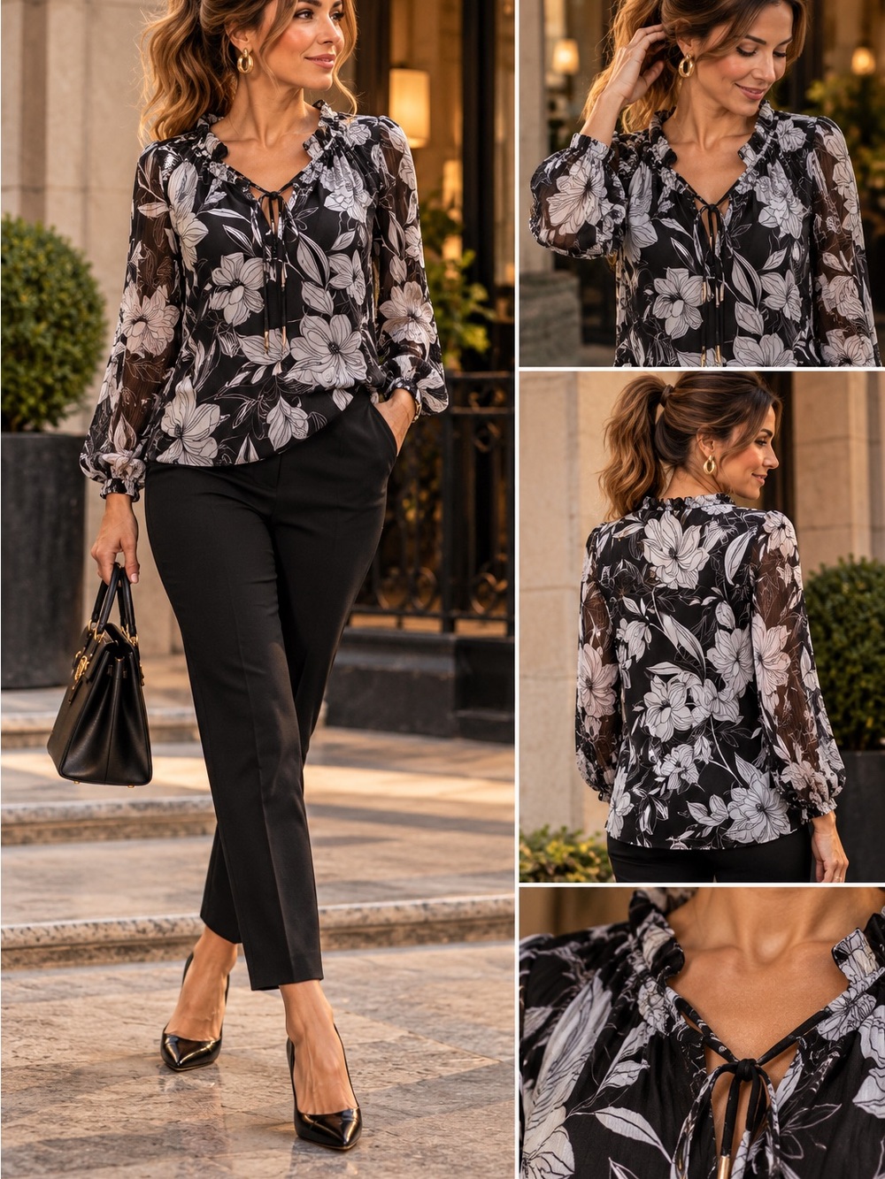 White House Black Market Black & White Floral Sheer Blouse
